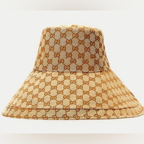 Gucci GG Bucket Hat Monogram Wide Large Brim Beige Canvas Sun Coverage Beach - Picture 9 of 16